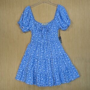 Liberty Lane Mini‎ Dress Blue Floral Puff Sleeve Cottage Milkmaid Women's Medium
